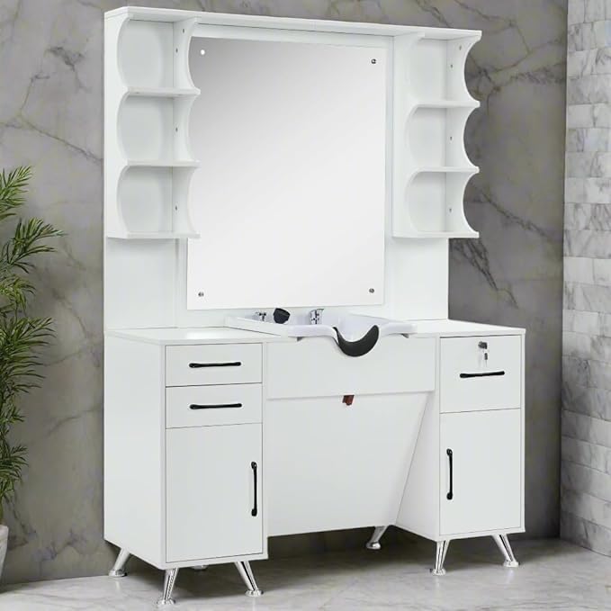 BarberPub Backwash Shampoo Bowl Cabinet, Wall Mount Station with Mirror, Storage Cabinet with Drawers & Shelf Salon Equipment for Barber Salon 3141 (White)