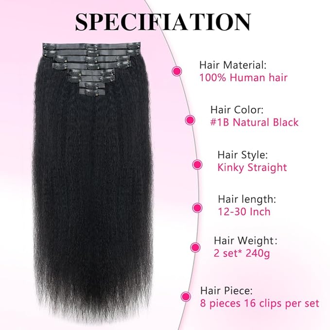Invisi Edge Clip In Hair Extensions Human Hair 2 Pack 240g 16pcs Kinky Straight Invisible Clip Ins For Women Full Head Injected Clip Ins Remy Human Hair Extensions Natural Color 26inch