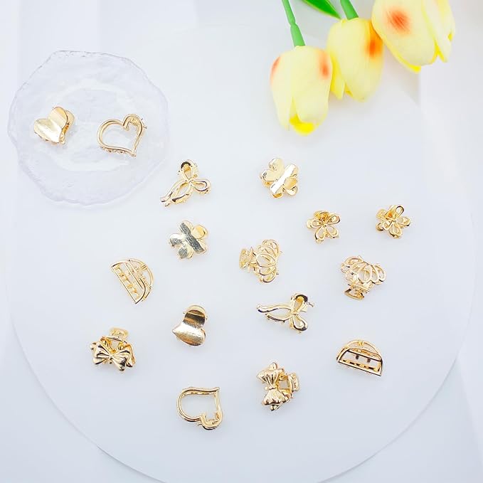 16Pcs Mini Hair Claw Clips, Gold Silver Small Metal Bangs Claw Clips Jaw Clamps for Long Thin Hair, Tiny Cute Flower Barrettes for Women(Gold)