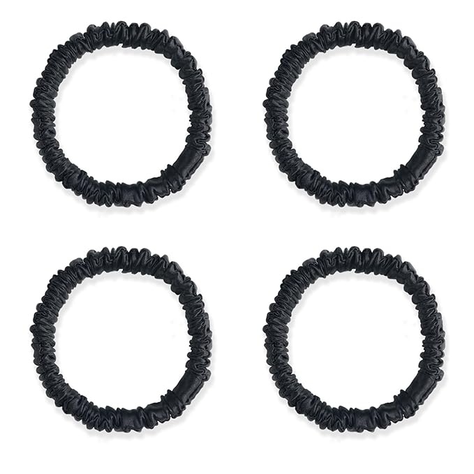 22 Momme 100% Mulberry Silk Hair Ties, Well-Hold Elastic for No-Damage, (4 Pack, Black), 6A Grade, Soft Scrunchies, Reduces Frizz & Breakage, OEKO-TEX Certified