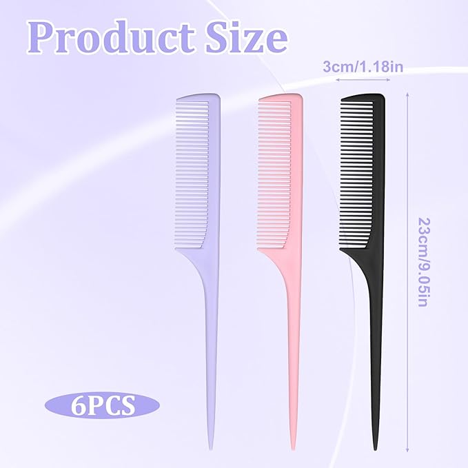 6 Pcs Rat Tail Combs, Fine Tooth Parting Tip for Women, Carbon Fiber Root Teasing Anti Static Hair Comb for Root Teasing Back Combing Adding Volume Evening Styling, Two each of pink, purple, and black