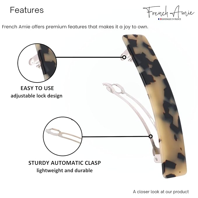 French Amie Oblong Handmade 3.5" Celluloid Automatic Hair Clip Barrette French Hair Clip for Girls Strong Hold Hair Clips for Women No Slip Durable Paris Hair Accessories, Made in France (White Tokyo)