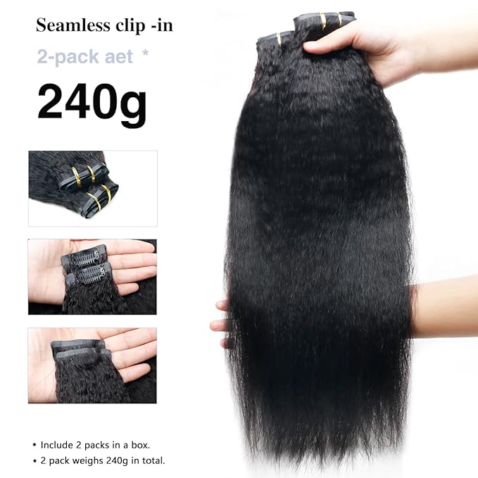 Kinky Straight Clip in Hair Extensions Real Human Hair 2 Pack 240g Seamless Clip in Hair Extensions for Women Full Max with 16Pcs PU Skin Weft 22inch Natural Black