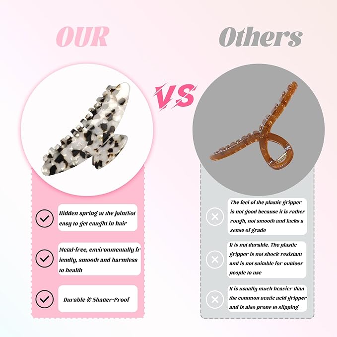 French Hair Claw Clips for Women Grils,4 Inch Strong Hold No Slip Grip Accessories Acetate Material,Not Easily Damaged,Thick or Thin Hair (White & Brown)