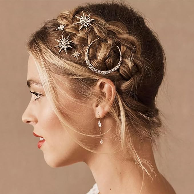 BARTOSI Moon Star Hair Clips Sparkly Rhinestone Hair Pins Vintage Bobby Pins Celestial Hair Accessories for Women and Girls (Pack of 3) (Bronze)