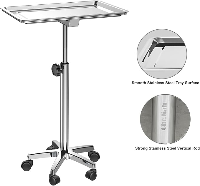 ChoJiah Extra Large Mayo Stand Rolling Salon Tray Hairstylist Tray Heavy Duty Tattoo Tray, Ideal Use for for Hair Salon Dental Hairstylist Cart