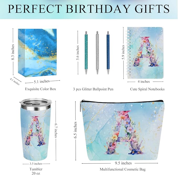 Personalized Gifts Monogrammed Birthday Gifts for Women, Cowerker Bride Appreciation Christmas Initial 20 oz Tumbler, Makeup Bag Cup Ballpoint Pens Journal Notebook 6 Set, (Aesthetic Blue Flower A)