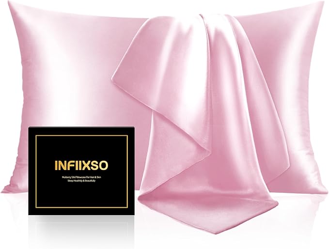 INFIIXSO Mulberry Silk Pillow Cases King Size Set of 2, Silk Pillowcase with Hidden Zipper 20"x36", Extraordinary Smooth and Soft Pillow Case for Hair and Skin(Pink, 2 Pack)
