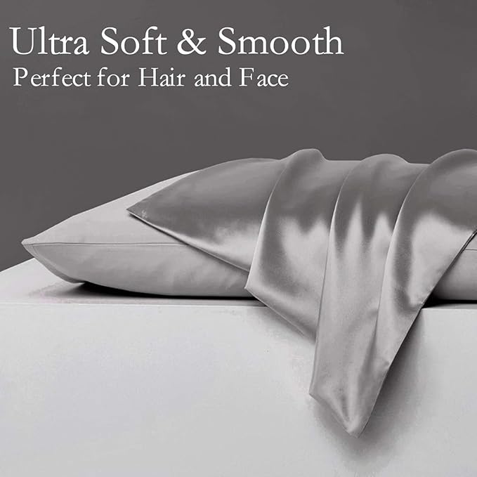 Silk Pillowcase for Hair and Skin 2 Pack 100% Mulberry Silk Bed Pillowcase Hypoallergenic Soft Breathable Both Sides Silk Pillow Case with Hidden Zipper, Queen Size Pillow Cases (Grey)