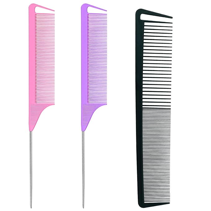 3-in-1 Rat Tail & Styling Combs - Carbon Fiber Teasing & Stainless Steel Pintail for Women & Men - Fine Teeth Salon Hairdressing Tools (Black, Pink, Purple)
