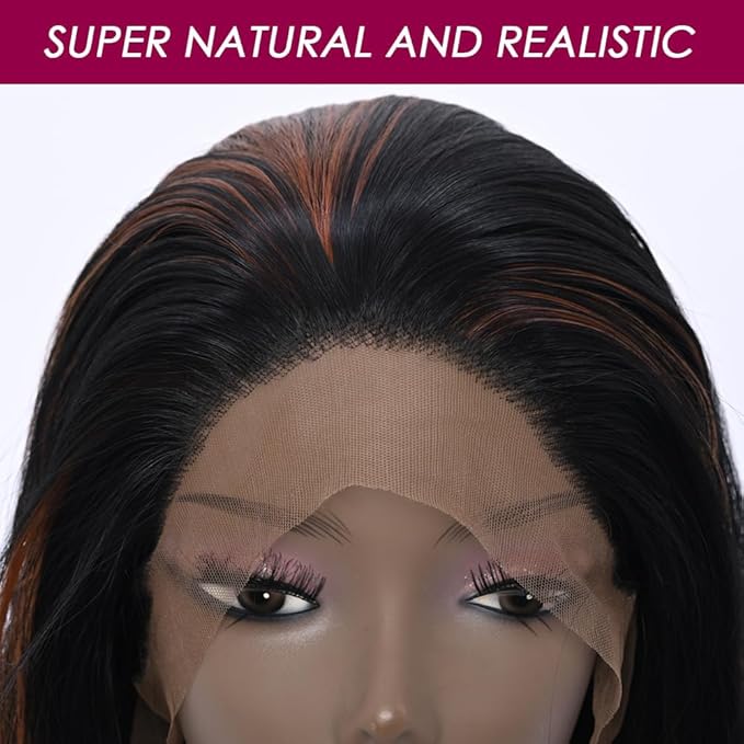 Long Brown with Highlight Synthetic Lace Front Wig Heat Resistant Body Wave Lace Front Wavy Wigs Free Part Natural Hair Wig for Women 24 Inch Fashion Glueless (24 Inch)