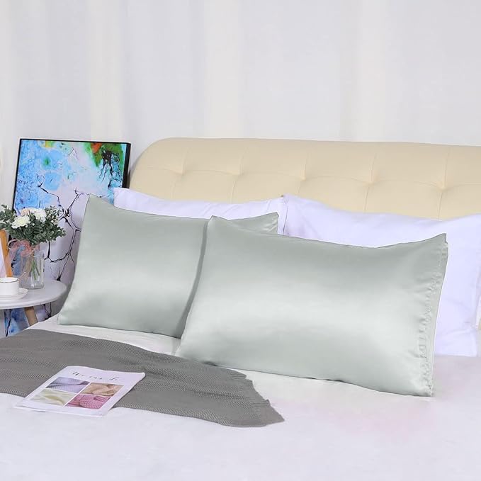 uxcell 2 Pack Silk Satin Pillowcase for Hair and Skin, Cool, Silky, Soft Breathable Pillow Cases King Size 20x36 Inch Sateen Pillowcase Light Gray with Envelope Closure