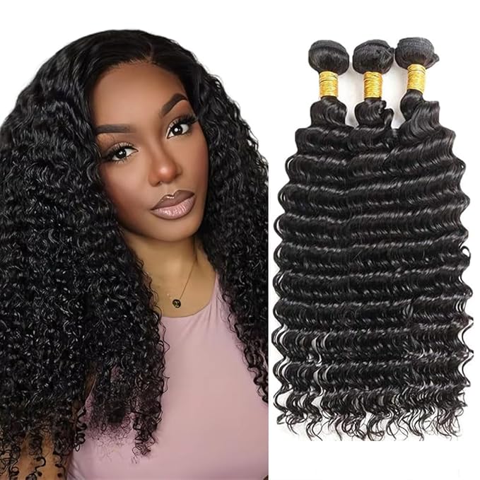Deep Wave Bundles Human Hair Color 1B Bundle Brazilian Virgin Soft and Silky Remy Hair 3 Bundles 22 24 26 Inch Niegmeag Double Weft Natural Black Deep Wave Bundle 300g