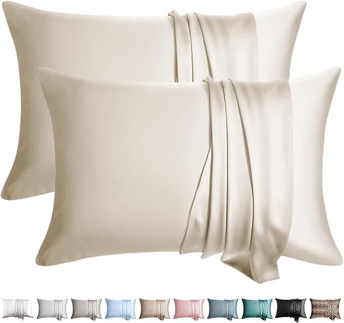 100% Silk Pillow Cases 2 Pack King Size Mulberry Silk Pillowcase for Hair and Skin Set of 2 Highest Grade 6A Silk Soft Breathable Cooling with Hidden Zipper, Beige