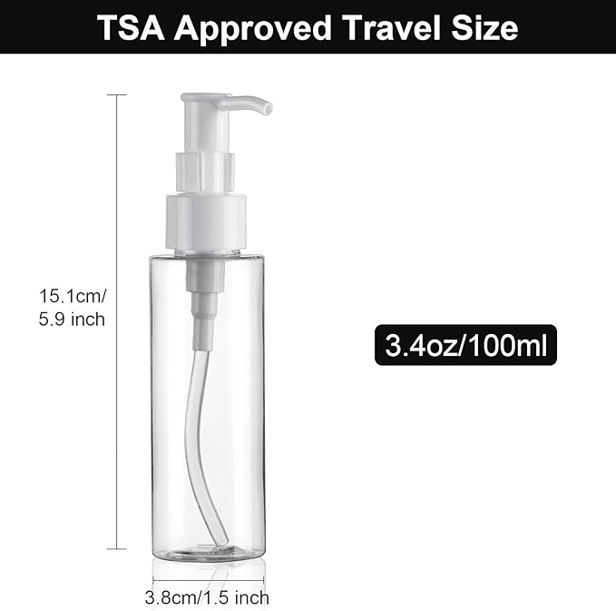 Cosywell Plastic Pump Bottles Dispenser TSA Approved 3.4oz 12 Pack Portable Refillable Container Clear Plastic Lotion Pump Dispenser Bottle for Facial Cleansing Oil Shampoo Shower Gel
