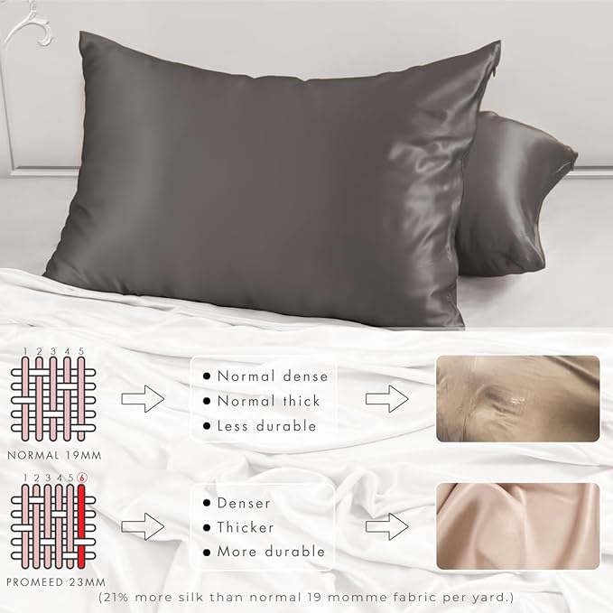 PROMEED Grey Silk Pillowcase King Size - Both Sides 23 Momme Grade 6A+Mulberry Silk Pillow Case Covers for Hair and Skin, Soft and Acne Free (King 20"x36", Grey)