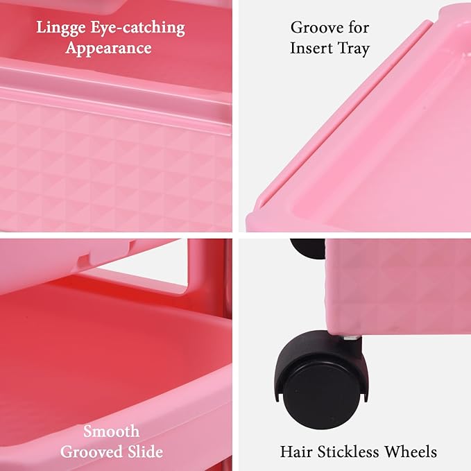Paddie Pink Salon Trolley Cart with Wheels/5 Drawers/Dryer Holder/Tint Bowl Slot for Hair Stylist, Beauty Equipment