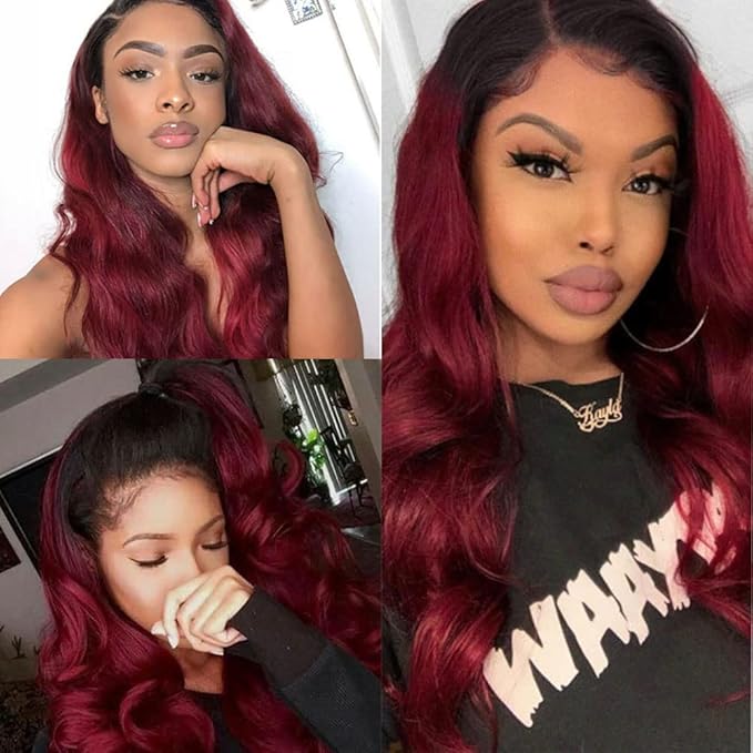Ombre Human Hair Bundles Burgundy Body Wave Bundles Peruvian Virgin Remy Hair Extensions 20 22 24 Inch Niegmeag Double Weft 2 Tone Black and Red Body Wave Bundle 300g