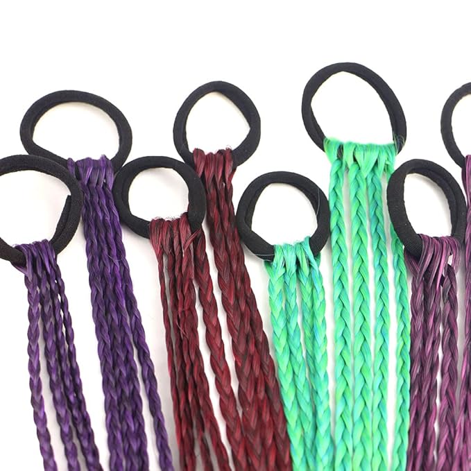 Colored Braids Hair Extensions with Rubber Bands Rainbow Braided Synthetic Hairpieces Ponytail Hair Accessories for Women Kids Girls Party Highlights Cosplay Dress Up (12PCS B Style)