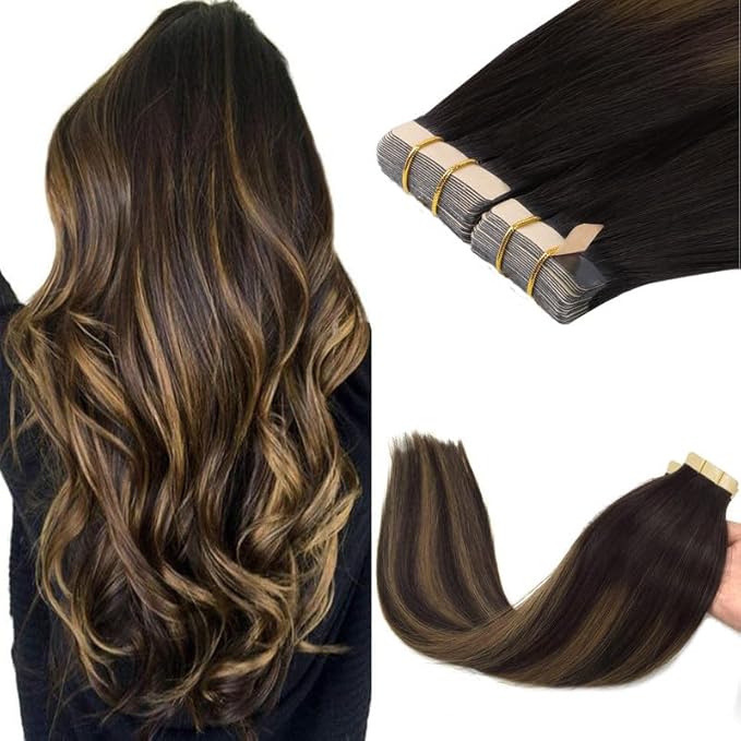 GOO GOO Tape in Hair Extensions Human Hair, 2/6/2 Balayage Dark Brown to Chestnut Brown, 14inch 100g 40pcs, Skin Weft Seamless Invisible, Silky Straight with Thick Ends, Remy Human Hair