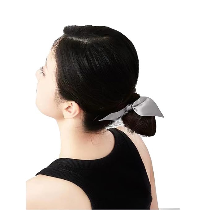 THXSILK Hair Silk Scrunchies with Bow for Women Pure Mulberry Silk Hair Cute Ring Ties Scrunchies for Girls Women's Thick Hair, Grey, 2.8"