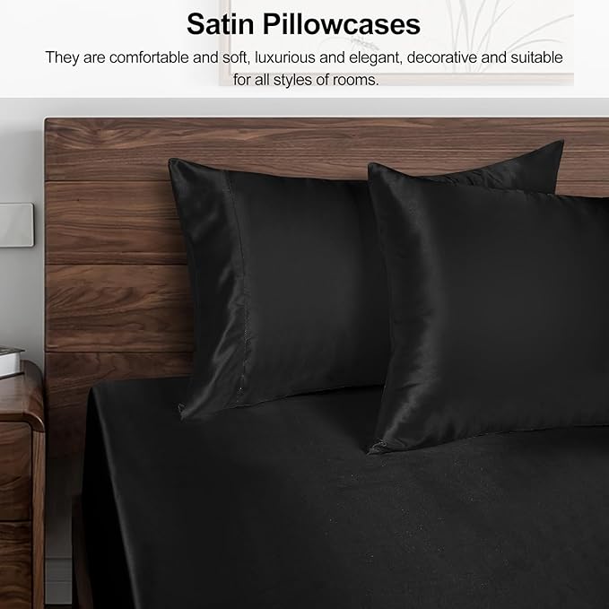 Lirex Satin Pillowcase for Hair and Skin, Super Soft and Cooling Similar to Silk, 2 Pack Queen Size 20"X 30" Pillow Cases with Envelope Closure, Gifts for Women Men, Black