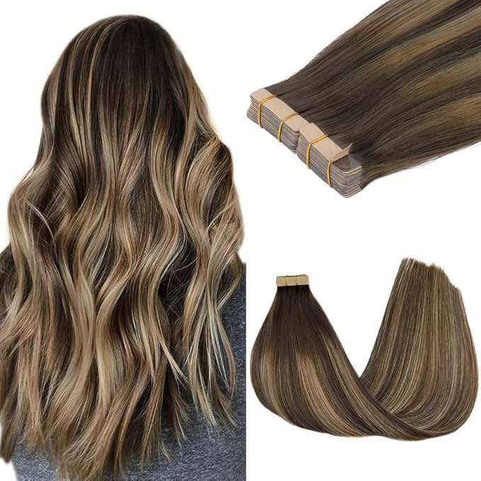 GOO GOO Tape in Hair Extensions Human Hair, 4/26/4 Balayage Chocolate Brown to Honey Blonde, 14inch 100g 40pcs, Skin Weft Seamless Invisible, Silky Straight with Thick Ends, Remy Human Hair
