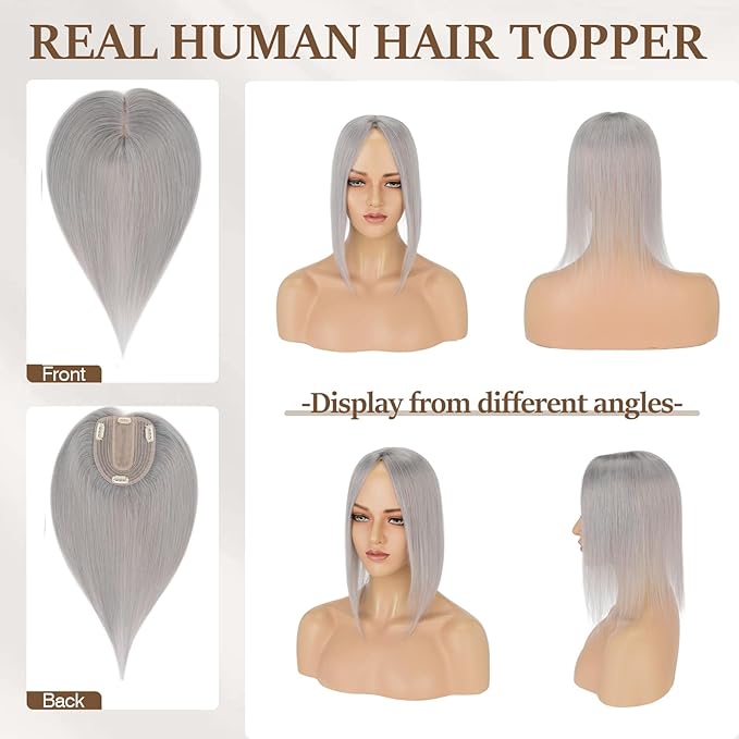 Rich Choices Hair Toppers for Women Real Human Hair 100% Human Remy Toppers NO Bangs for Women with Thinning on Top Clip in Hairpiece 4"x4.7"Lace Base 16 Inch Gray