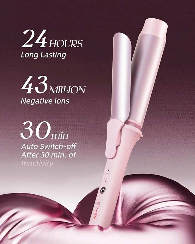 Large Hair Curling Wand, 1.6 Inch Big Barrel Curling Iron, 43 Million Ionic Ceramic Curler with 3 Temp, Auto Shut-Off, Long Barrel Curling Wand for Long Hair, Dual Voltage, Pink
