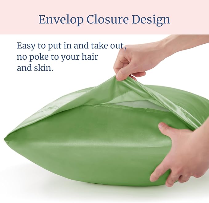 BEDELITE Satin Pillowcase for Hair and Skin, Super Soft and Cooling Similar to Silk Pillow Cases 2 Pack with Envelope Closure, Gift for Women Men(20"x26" Standard Size, Sage Green)