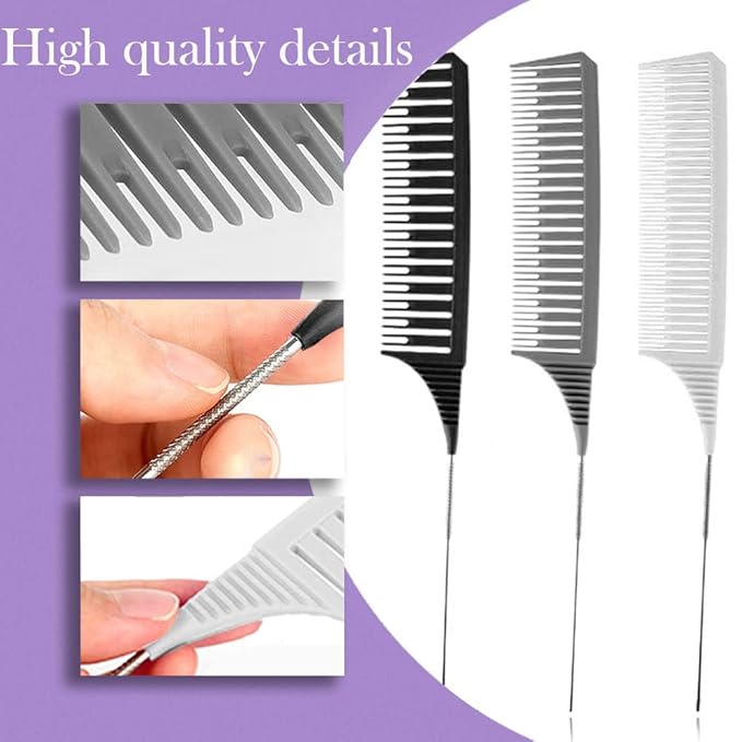 SKYPIA 3 Piece Professional Dyeing Hair Comb Set with Long Stainless Steel Rat Tail Combs for Hair Stylists, Weaving Styling Brush Set (Black & Grey)