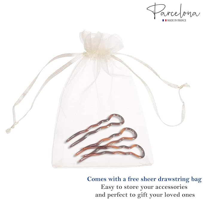 Parcelona French Sleek Brown Tortoise Shell Large 3 1/2" Celluloid Made in France Set of 3 Wavy Crink U Shaped Chignon Hair Pins Updo Bun Pin Sticks for Women and Girls