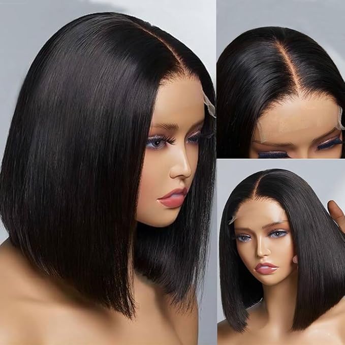 Wear and Go Glueless Bob Wig, 14 Inch, 180% Density, Human Hair, Natural Black, No Shedding, No Tangle, Adjustable Elastic Cap