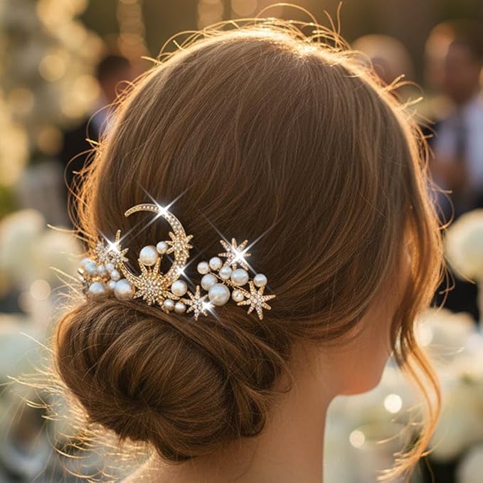Kilshye Rhinestone Bridal Hair Pins Gold Pearl Wedding Hair Accessories Star Hair Pieces for Women (Pack of 3)