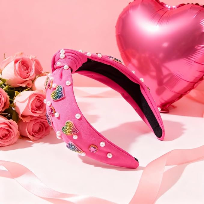 Valentines Day Elegant Pearl Headband, Hot Pink Rhinestone Hearts Design for Women Girls, Cute Wide Knotted Hair Band with Crystal Embellishments for Party Fashion Christmas New Year Hair Accessories