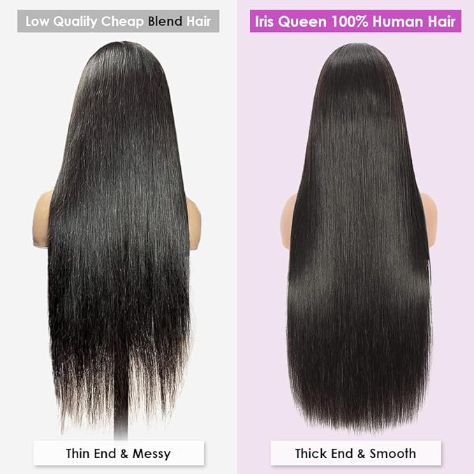 Iris Queen 28 Inch Straight HD Lace Front Wigs Human Hair Pre Plucked 12A 180 Density 13x4 Transparent Lace Frontal Wig with Baby Hair Natural Black for Women