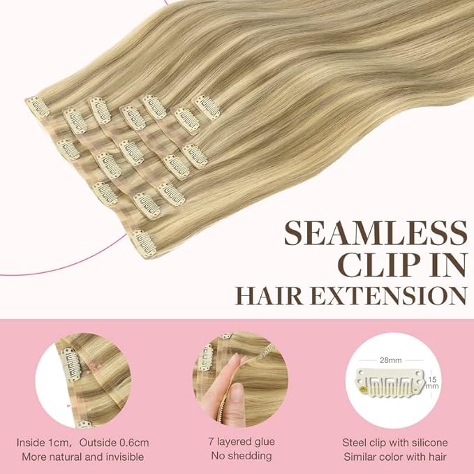 GOO GOO Clip in Hair Extensions Real Human Hair, Remy Human Hair Extensions Clip ins for Women, Natural Human Hair, 18inch 110g 7Pcs, 16/22 Light Blonde Highlighted Golden Blonde