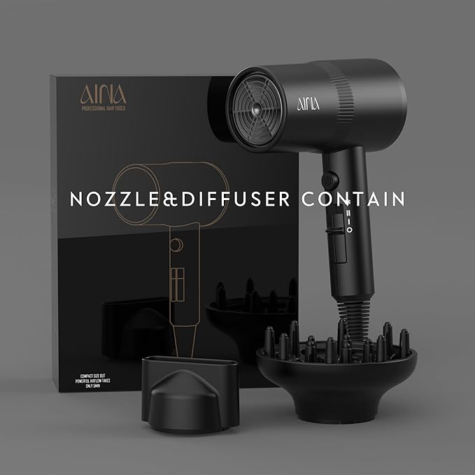 AINA Hair Dryer with Diffuser, Blow Dryer for Women | Advanced Ionic Technology, Ceramic Coating | Cold Shot Features Turbo Heat for Fast Drying and Shine 110V/ALCI (Vader Black)