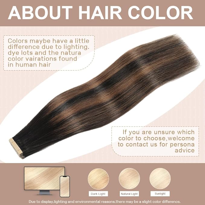 Natural Black Mixed Chestnut Brown Tape in Hair Extensions Human Hair,14 Inch Human Hair Tape in Extensions 20Pcs Tape Ins Human Hair for Women Seamless Tape in Hair Extensions Real Human Hair