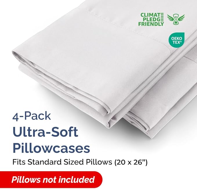 Standard Pillow Cases - 4 Pack - Super Soft Pillowcase Covers - Envelope Enclosure - Hotel Quality Pillow Protectors - Wrinkle Free, Fade & Stain Resistant - Machine Washable - 20" x 26" (French Grey)