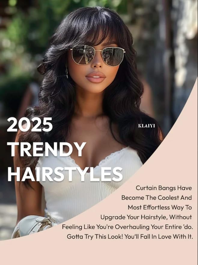 KLAIYI Fluffy Body Wave Curtain Bang Wig Bye Bye Knots Glueless Pre Cut 7x5 Lace Front Wigs Human Hair Loose Wave Pre Bleached Pre Plucked Pre Everything 3S Easy to Wear and Go Wig 180% Density 26Inch