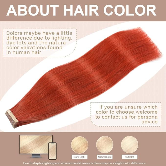Tape in Hair Extensions, 14 Inch Human Hair, 20pcs Copper Red, Tape Ins, Real Human Hair