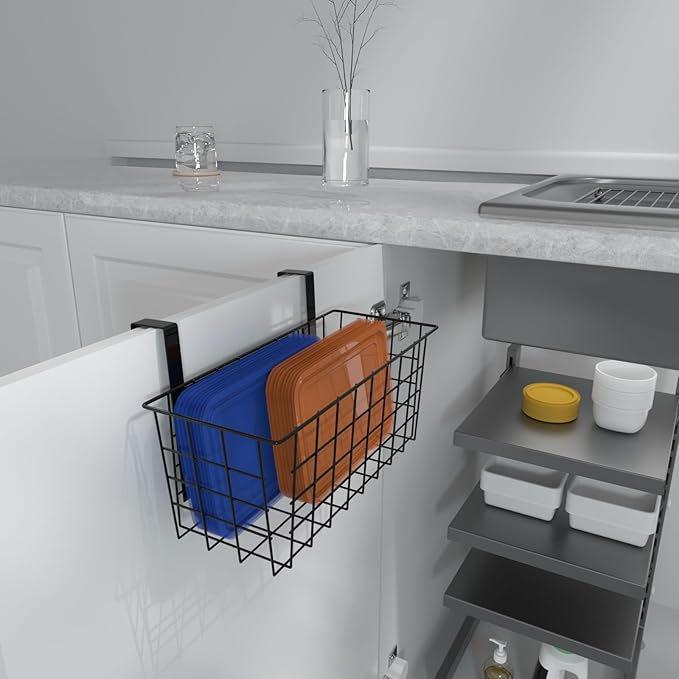 MaraFansie Basket with Hook, Grid Storage Basket, Over the Cabinet Door Organizer, Wire Hanging Basket with Hook Over the Railing, Under Sink Kitchen Cabinet, Pantry, Bathroom, Black, 4 Pack