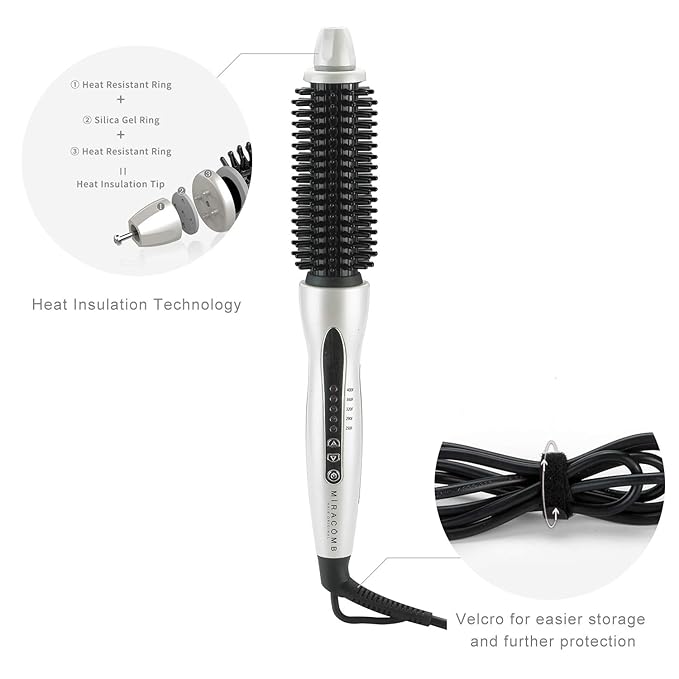 MIRACOMB Hair Curler Straightening Brush - Ceramic Tourmaline Flat Curling Iron - Cool Touch Round Brush PRO Multi Styler with 5 Heat Adjustments, 1 Inch Barrel, White (Enhanced)