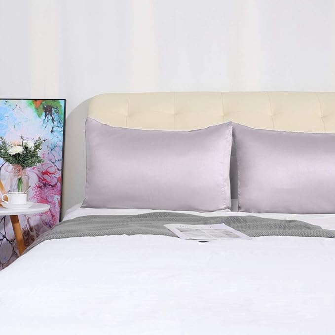 uxcell 2 Pack Silk Satin Pillowcase for Hair and Skin, Cool, Silky, Soft Breathable Pillow Cases Standard Size 20x26 Inch Sateen Pillowcase Lavender Gray with Envelope Closure