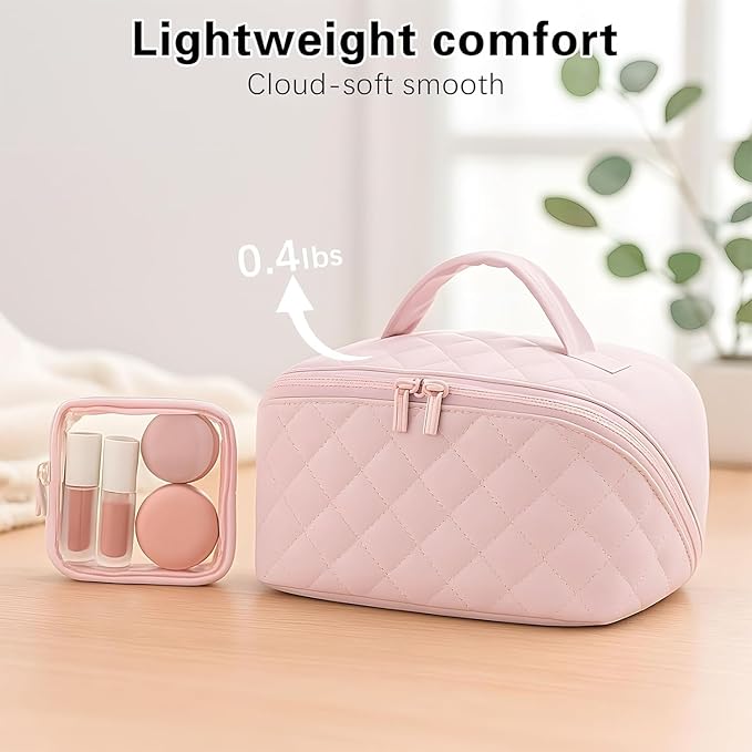 Cosmetic Bag for Travel, Large Capacity Pouch Purse Organizer, Waterproof Puffy Padded Make Up Toiletry Bag for Women (Khaki)