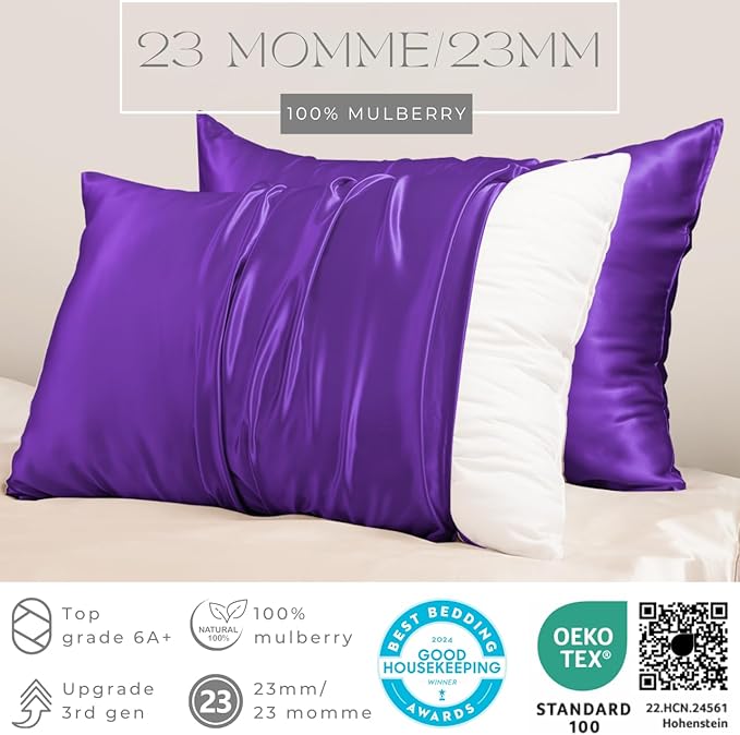 PROMEED Upgraded Grade 6A+ Purple Silk Pillowcase with Zipper, 23 Momme Natural Mulberry Silk Pillow Cases for Hair and Skin - Easy Care with Laundry Bag (King 20"x36", Purple)
