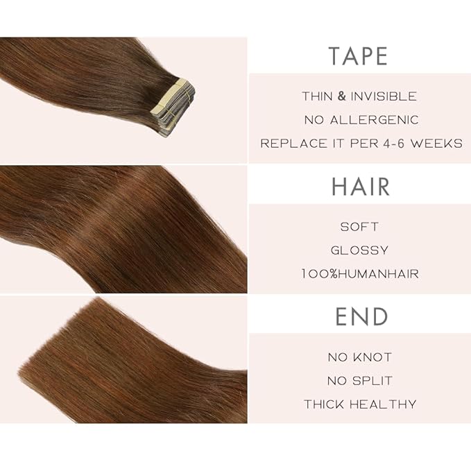 Tape in Hair Extensions Human Hair Chestnut Brown Mixed Dark Auburn Remy Hair Extensions 20pcs 14 Inch Straight Invisible Human Hair Tape in Extensions Skin Weft Tape Extensions (4/4/33#,14 Inch)