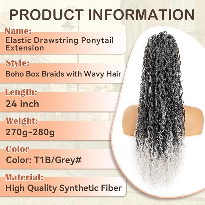 Drawstring Ponytail for Women 24 inch Boho Braids with Long Wavy Hair Clip in Ponytail Extension Synthetic Hair Extensions Ponytail for Daily Use (T1B/Grey#, 24 Inch)