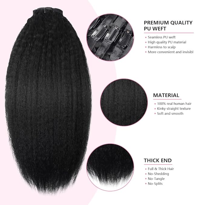 Seamless Clip In Hair Extensions Human Hair Invisible Pu Skin Weft Kinky Straight Seamless Clip Ins For Black Women Real Human Hair Extensions 8pcs With 18clips Per Set 120g (28inch,Natural Black)